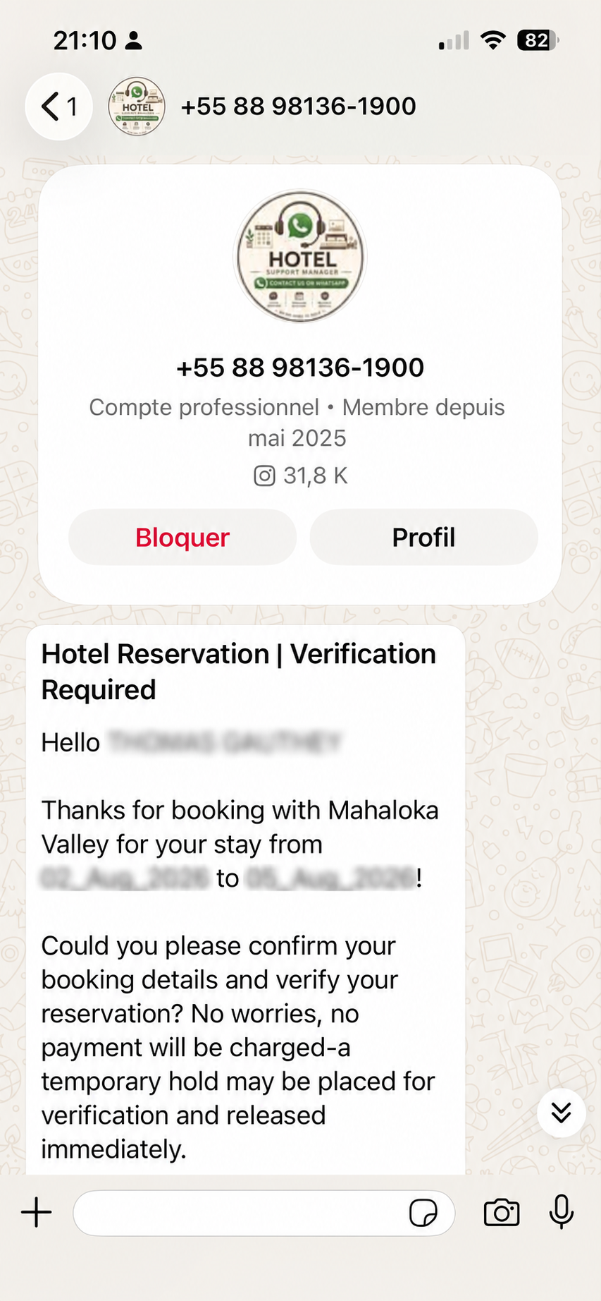 Redacted screenshot of a fraudulent WhatsApp message showing scammer phone number plus 55 88 98136 1900 and a fake hotel reservation verification request