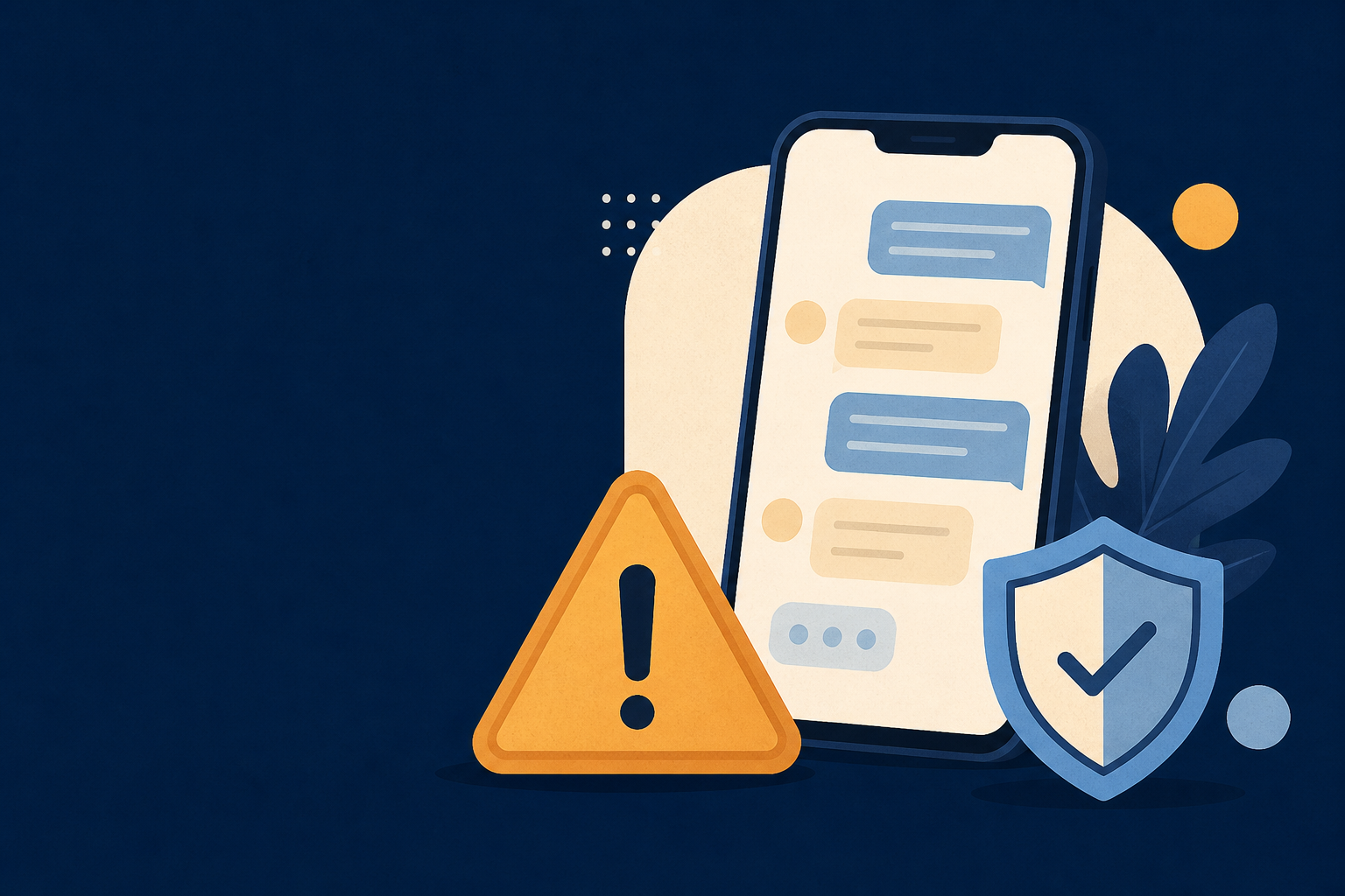 Warning illustration of a smartphone message, alert triangle, and protective shield